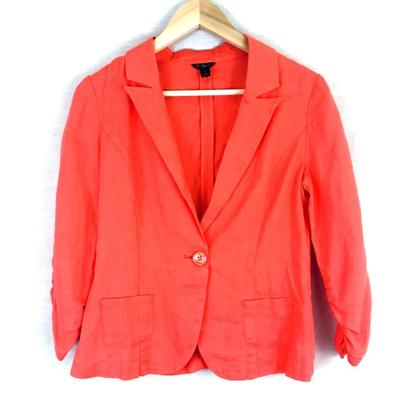 Guess Jackets & Blazers - Guess Hot Coral Linen 3/4 Ruched Sleeve Blazer S